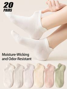5/6/20/30 Pairs Women's Mesh Breathable Cotton Socks, Moisture-Wicking Anti-Odor Thin Ribbed Low-Cut Invisible Socks, Casual Everyday Socks - Multicolor - View 20