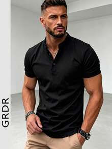 GRDR Men's Summer Fashion Classic Solid Color Henley Collar Short Sleeve, Business Casual Essential Item, Summer Window Display Must-Have - Black - View 1
