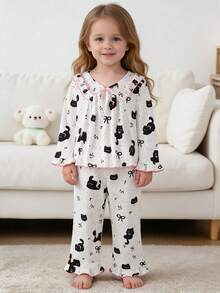 Cute Black Cat Print Pajama Set For Young Girl, V-Neck Frill Trim Long Sleeve Top And Long Pants, 2 Pieces Children's Loungewear - White - View 3