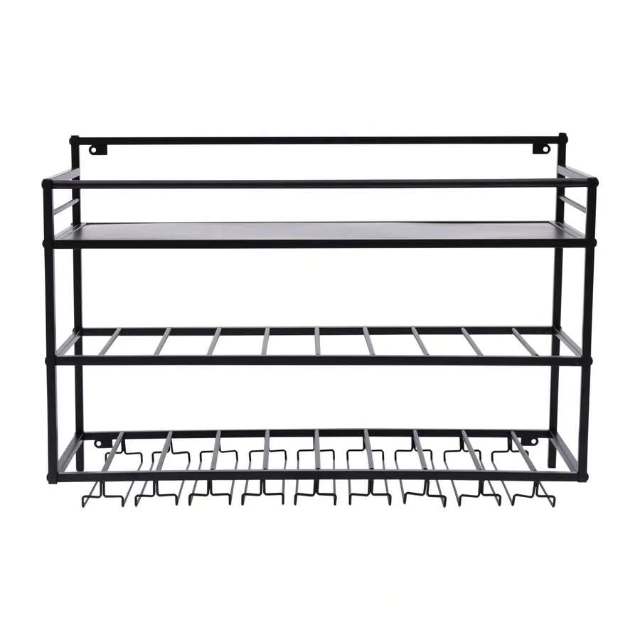 3-Tier Industrial Style Wall-Mounted Wine Rack, 80*25*55 Cm Metal Wine Bottle Holder For Home Bar, Kitchen And Pub Decor - 黑色 - 查看 1