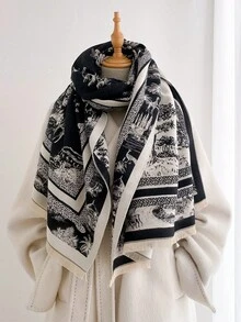 1pc Retro Scenic Wildlife Building Print 65*185cm Rectangle Scarf, Thick Faux Cashmere Brushed Polyester, Winter Shawl For Travel Party Daily Outing - Multicolor - View 8