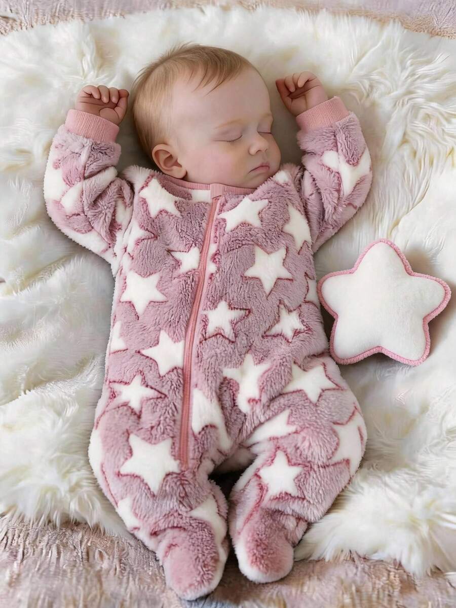 Baby Girls' Star Pattern Furry Collar Zipper Jumpsuit - Pink - View 1