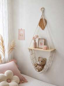 1pc Cream White Decorative Hanging Storage Rack Bohemian Farmhouse Style Triangle Hanging Design Tassel Net Hammock Display Storage Rack Plush Doll Storage Display Rack Bedroom Nursery Living Room Game Room Apartment Home Decor Wall Shelf - Beige - View 6