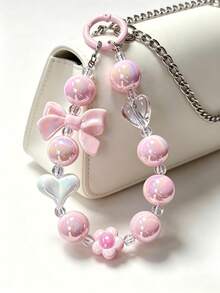 1pc Pink Iridescent Beaded Keychain, Bow Heart Flower Pendant Chain, Sweet Girl Style Bag Charm Car Key Chain, Daily Accessory Holiday Gift For Girlfriend Best Friend Aesthetic Design - Multicolor - View 3