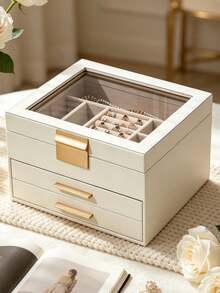 3-Layer Glass Large Capacity Jewelry Box With Lock, Desktop Drawer Jewelry Organizer, Vanity Accessory Storage Box, Women's Jewelry Gift Box, Ring, Necklace, Bracelet And Earring Storage Container - Multicolor - View 4