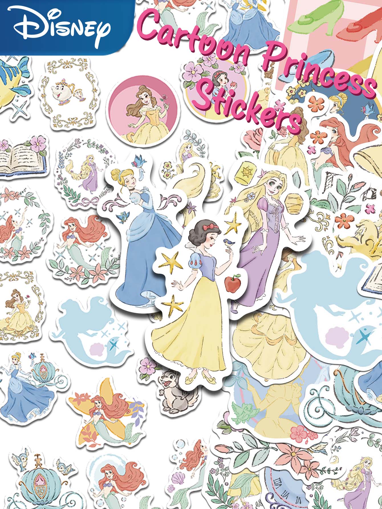 Disney 50張迪士尼公主貼紙 花卉美學風格 白雪公主與灰姑娘創意塗鴉貼紙 適用於筆記本、剪貼簿、信封、雜誌、手機殼、行李箱 DIY 貼紙 - 彩色 - 查看 1