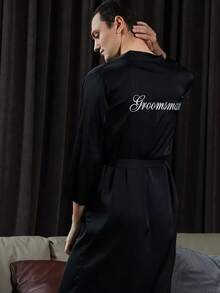 1PC Gilded Letters Bathrobe Groom Bride & Bridesmaid Initial Letter Robe, Bridal Party Prep Wear, Wedding Ceremony & Reception Accessories Pajama Ladies Spring Summer Wedding Bridesmaid Pajama Bride Bestie Party Embroidered Bathrobe - Black Groomsman - View 6