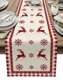 Christmas Elk Snowflakes Red Buffalo Plaid Table Runner Holiday Party Decor Reusable Winter Xmas Kitchen Dining Table Runner Christmas Decorations - Multicolor - View 12