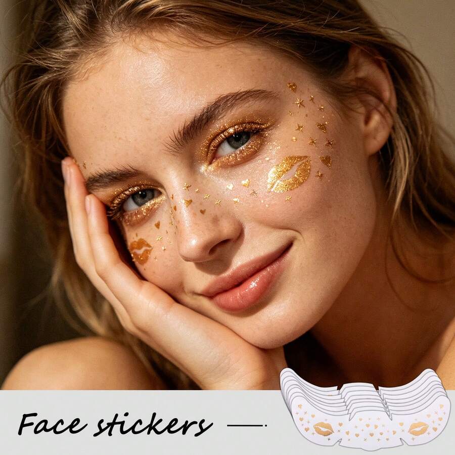 8 Peças Tatuagens Temporárias Metálicas Douradas de Sardas para Rosto, Adesivos Brilhantes de Coração, Lábio e Estrela para Rosto, Tatuagens de Transferência de Sardas com Glitter à Prova d'Água para Maquiagem de Festival, Rave, Festa e Fantasia de Halloween