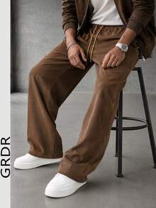 GRDR Men's Elastic Waist Drawstring Casual Pants, Suede Fleece, Loose Fit, Draped, Lazy Style, Wide Leg Long Pants, Autumn/Winter - Brown - View 3