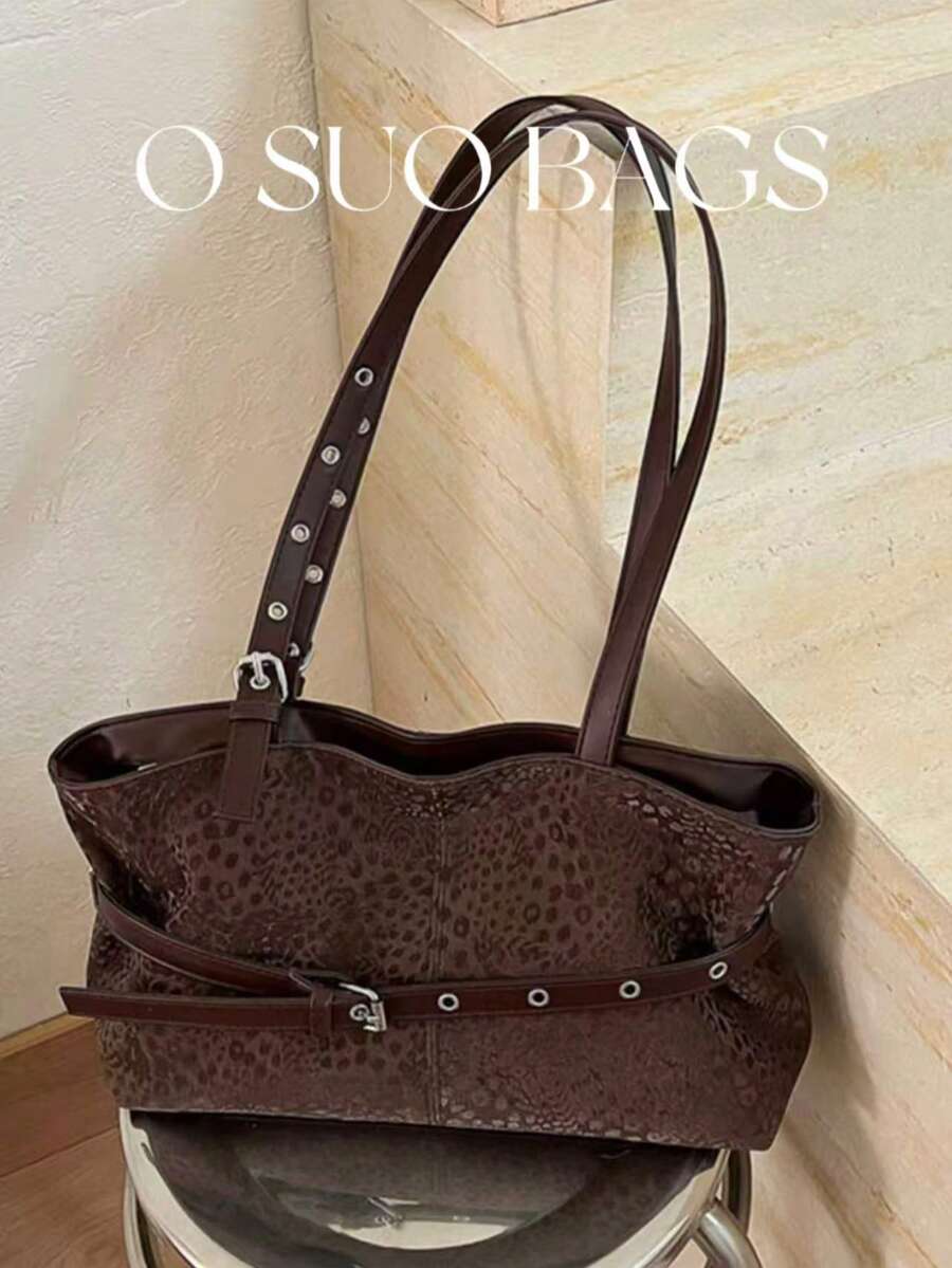 Vintage Large Capacity Leopard Print PU Underarm Shoulder Bag With Zipper Closure, Eyelet Rivet Design, Fashionable Strap Decor Handbag, European And American Style Versatile Motorcycle Bag, Suitable For Daily Use And Outdoor
