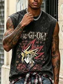 Men's Vintage Washed Black Sleeveless Tank Top,  Yugi Anime Graphic Print, Classic Japanese Trading Card Game Streetwear Muscle Shirt, Casual Loose Fit Cotton Blend Workout Vest For Anime Fans, Summer, And Daily Casual Outfits - 黑色 - 查看 1