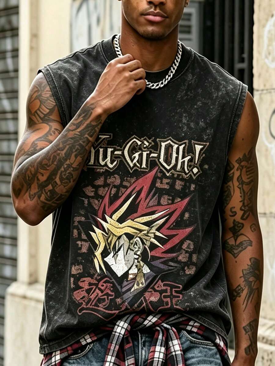 Men's Vintage Washed Black Sleeveless Tank Top, Yugi Anime Graphic Print, Classic Japanese Trading Card Game Streetwear Muscle Shirt, Casual Loose Fit Cotton Blend Workout Vest For Anime Fans, Summer, And Daily Casual Outfits - 黑色 - 查看 1
