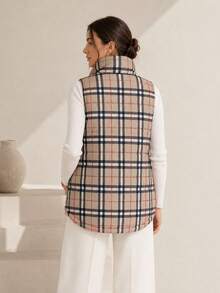 Women's Reversible Vest, 2-In-1 Sleeveless, One Side Plain, One Checkered. Loose Fit. - Beige - View 4