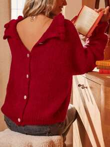 Women's Knitted Back Button Long Sleeve Cardigan Sweater, Autumn/Winter Style, Comfortable Regular Length - Red - View 1