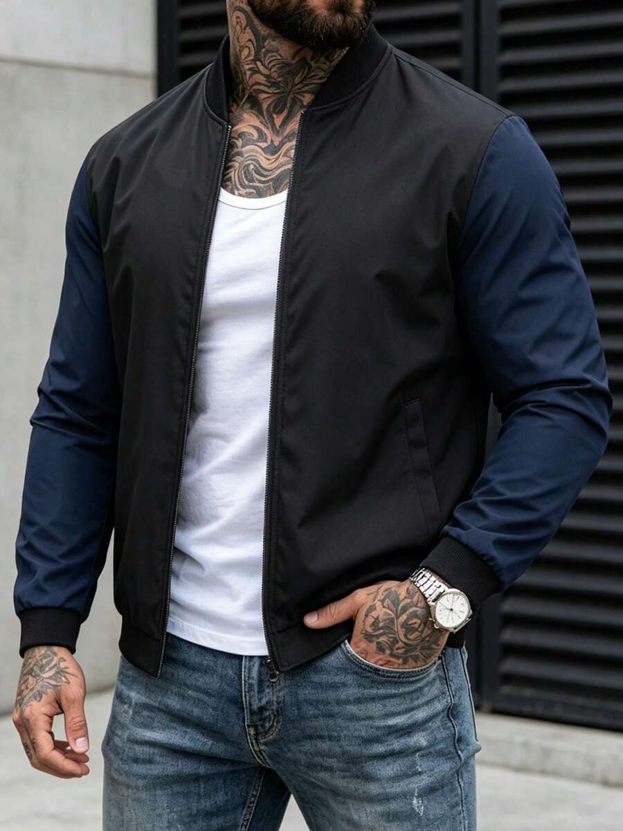 Men's Sports Outdoor Baseball Collar Jacket, Solid Color Woven Top, Casual Versatile Zip-Up Outerwear, Suitable For Hiking, Fitness, Running - Black - View 1
