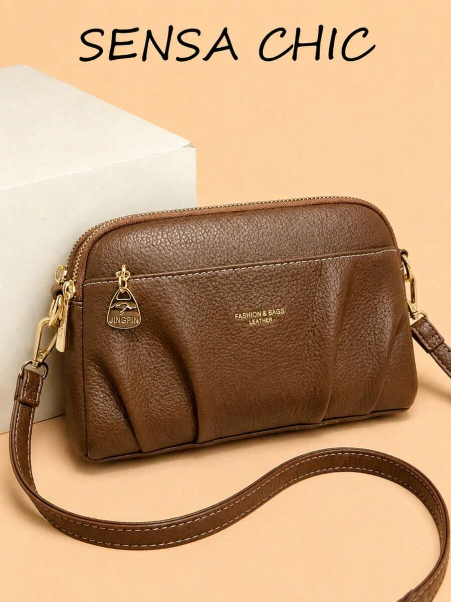 Coffee Brown Pleated Faux Leather Crossbody Bag, Gold Metal Pendant Multi-Layer Zipper Small Shoulder Bag, Suitable For Daily Commute