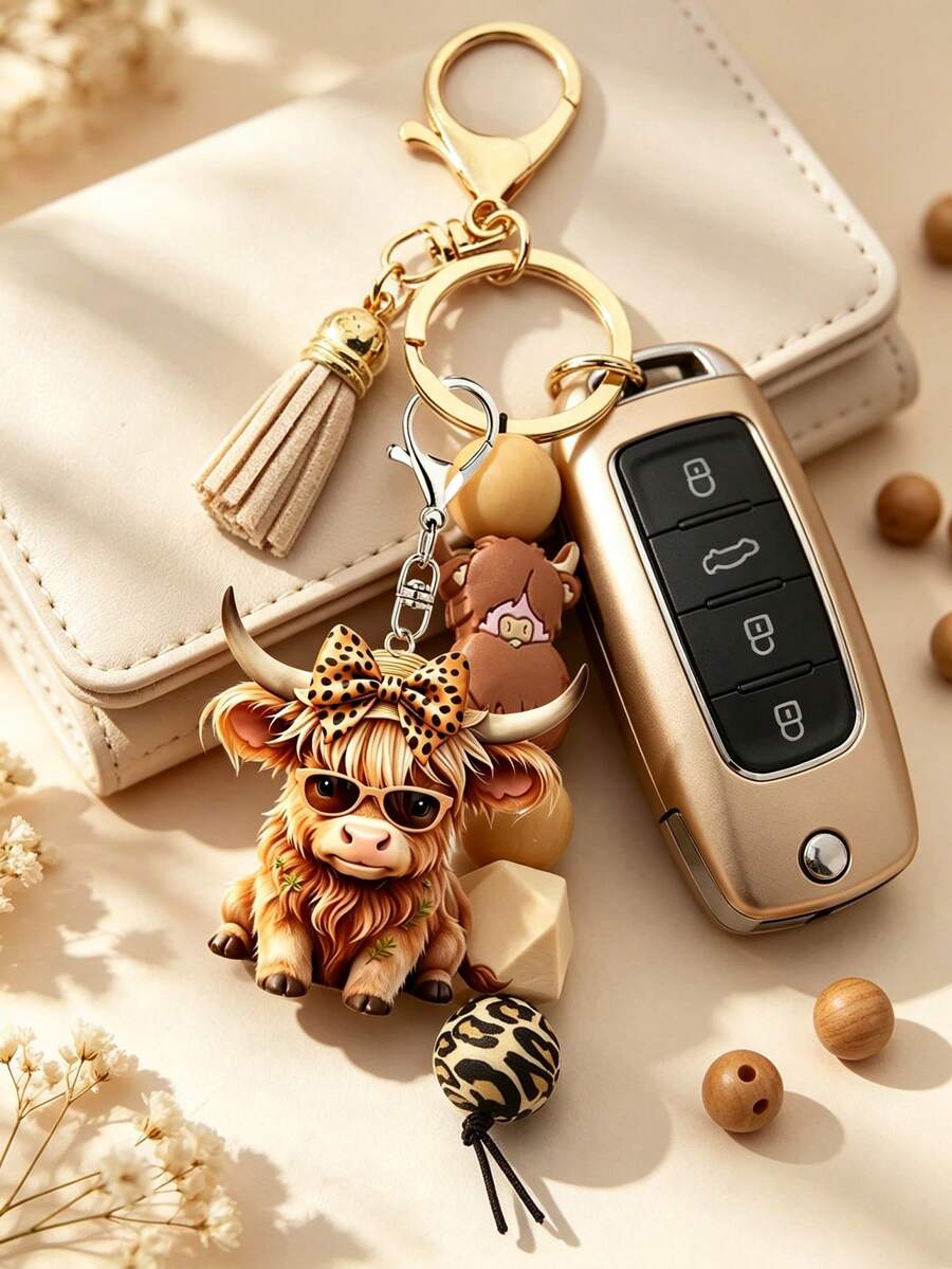 Highland Cow Acrylic Beaded Keychain With Tassel, Cute Short Keychain ...
