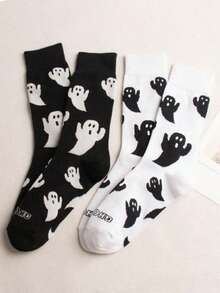 2 Pairs Women's Humorous Ghost Pattern Mid-Calf/Short Socks, Suitable For All Seasons, Casual And Cute, Perfect For Daily Wear - Multicolor - View 2