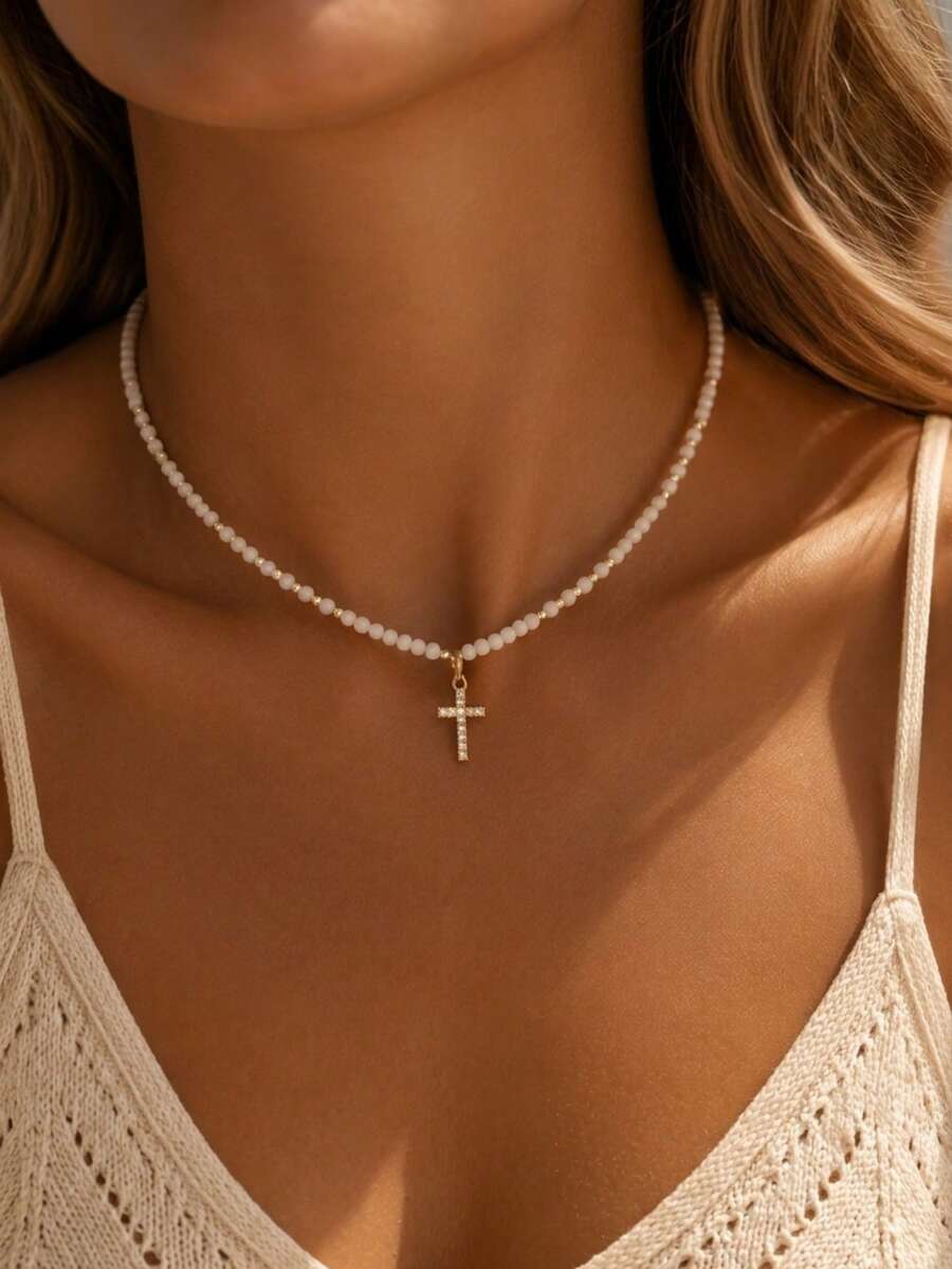 1pc Niche Fashion Design Faux Crystal Beaded Rhinestone Cross Pendant Necklace For Women