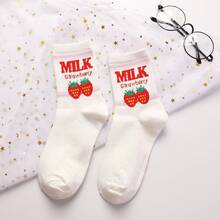 Strawberry Letter Jacquard Mid-Calf Socks, Cute Japanese Style Versatile Student Soft Girl Socks, Comfortable Minimalist Women's Socks - Multicolor - View 5