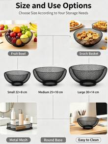 Black Metal Fruit Basket, Round Hollow Mesh Countertop Fruit Bowl, 3 Sizes Available, Fruit Holder With Stable Base, Ventilated Metal Storage Bowl For Fruits, Snacks And Tabletop Home Decorations - Black - View 8