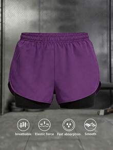 女款夏季抽繩雙層運動短褲，時尚休閒運動短褲，適合戶外徒步、騎行、球類運動、跑步與室內健身 - 紫色 - 查看 3