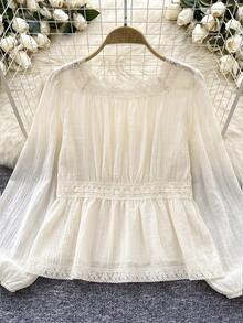 Women's Lace Patchwork V-Neck Fashion Versatile Daily Wear Top - Apricot - View 5