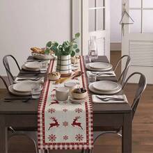 Christmas Elk Snowflakes Red Buffalo Plaid Table Runner Holiday Party Decor Reusable Winter Xmas Kitchen Dining Table Runner Christmas Decorations - Multicolor - View 5