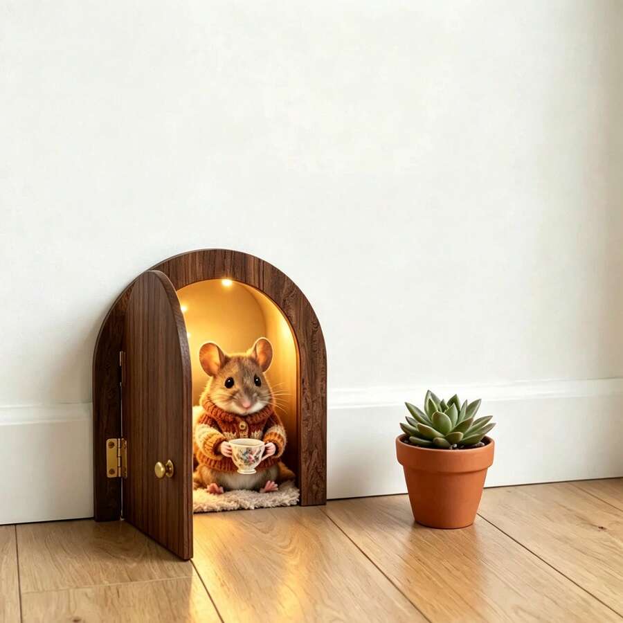 Creative New Wooden 3-Layer Sliding Door Fairy Door With Cartoon Mouse Blind Box Surprise Inside - A - View 1