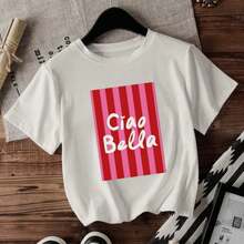 Women's Casual Neon Pink Striped Slogan CIAO BELLA T-Shirt - 款式 - 查看 1