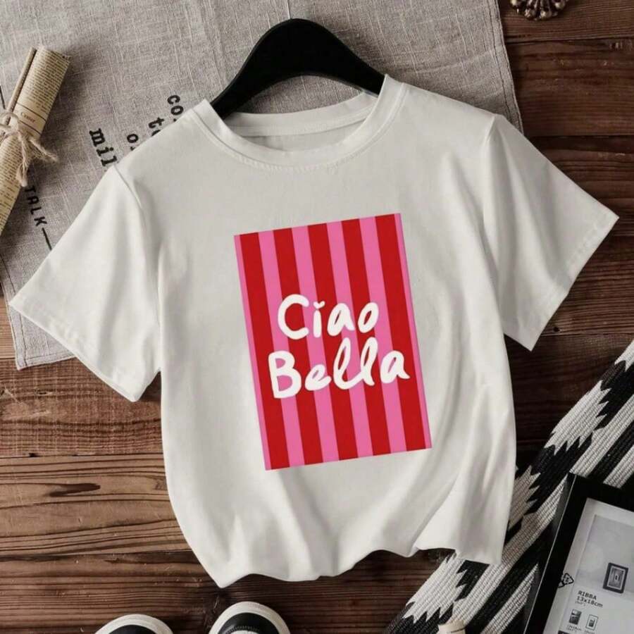Women's Casual Neon Pink Striped Slogan CIAO BELLA T-Shirt - 款式 - 查看 1