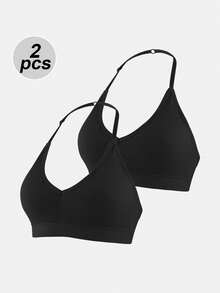 2pcs Seamless Ribbed Openback V‑Neck High Stretch Sports Bra, Removable Pads Fitness Tank Top, Soft Comfortable Breathable Yoga Bra - Black - View 3