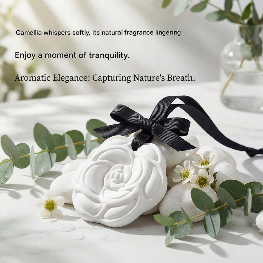 1pc White Tea & Camellia Scented Plaster Diffuser Pendant, Black Ribbon Design, Premium Long-Lasting Fragrance, Suitable For Bathroom, Bedroom, Closet And Car Decoration - Apricot - View 1