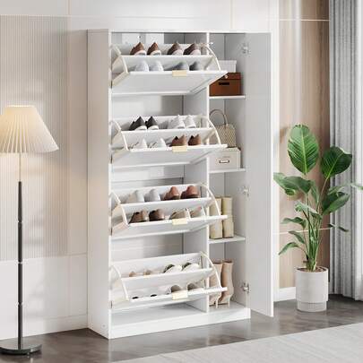 Moderne Schuhschrank Mit Spiegel, 4 Klappbaren Aufbewahrungsfächern, Verstellbarem Regalbrett Hinter Dem Rechten Spiegel, Ideal Für Den Flur, Weiß, Maße: B80/H147/T24 Cm(Old Sku:N657P20154449W)