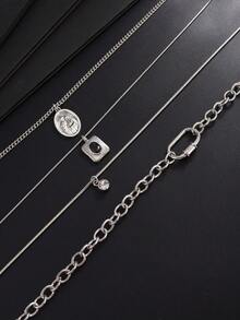 4pcs/Set American Vintage Multi-Layer Stacked Men's Necklace, Distressed Silver Saint Medal Square Rhinestone Carabiner Hip-Hop Accessory - White K - View 6
