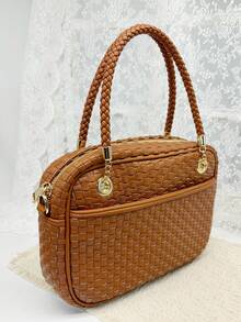 Checkered Crossbody Bag For Women Shoulder Plaid Handbags Top Handle Satchel Bag Woven Bum Bag Stylish Woven Crossbody Bag PU Leather - 棕色 - 查看 4