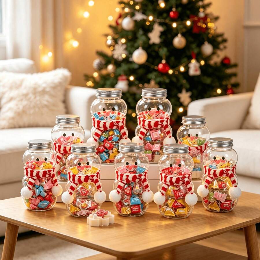 Set Of 5 Christmas Snowman Shaped Gift Packaging Bottles With Lids, Cute Snowman Design Reusable Transparent Containers, Optional Mini Scarf Matching, Suitable For Christmas Party Gift Wrapping - Snowman Christmas Bottle - View 1
