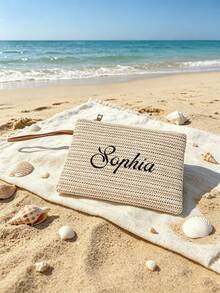 Personalized Embroidered Straw Handbag, Customized Bohemian Style Zipper Storage Bag With Wrist Strap And Zipper, Bridesmaid Makeup Bag, Summer Beach Vacation Clutch - Multicolor - View 6