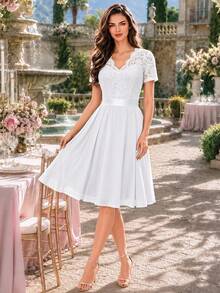 MIUSOL Elegant V-Neck Floral Lace Pleated Hem Chiffon Ball Gown Summer - White - View 8