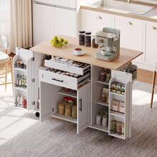 Rolling Kitchen Island Cart With Fold‑Out Extension Tabletop, 2 Drawers & Multi‑Cabinet Storage With Adjustable Shelves & Door Racks, Mobile Kitchen Trolley With Towel Rack & Spice Rack For Kitchen Dining Room - White - View 9