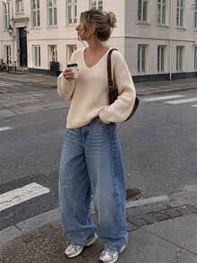 Women's Autumn/Winter New Fashion Vintage Minimalist V-Neck Lazy Daily Home Wear Outwear Knit Sweater, Fall, Winter, Y2k, Vacation, White, Casual Blouse For Women, Tops For Going Out, Vintage, Back To School, Basic Tops - Apricot - View 1