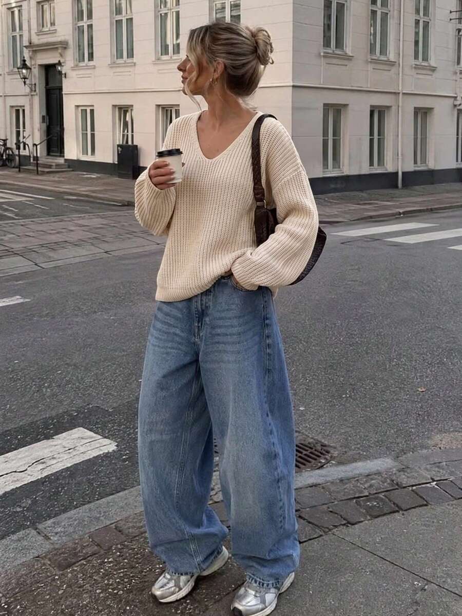 Women's Autumn/Winter New Fashion Vintage Minimalist V-Neck Lazy Daily Home Wear Outwear Knit Sweater, Fall, Winter, Y2k, Vacation, White, Casual Blouse For Women, Tops For Going Out, Vintage, Back To School, Basic Tops - Apricot - View 1