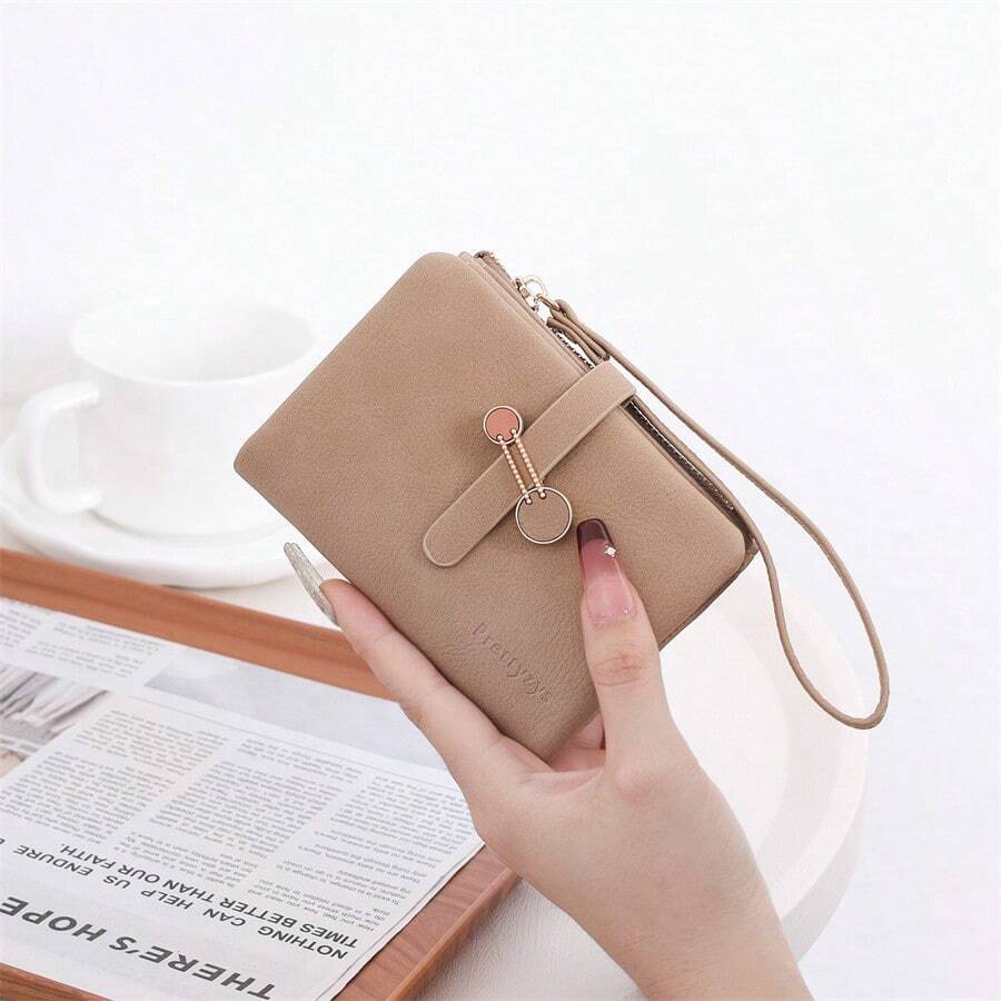 PRETTYZYS Women's Short Fashionable Personalized Snap Closure Bifold Zipper Multifunctional Card Holder With ID Window, Handheld Coin Purse, Daily Travel, Valentine's Day Gift, Christmas Gift - Camel - View 1