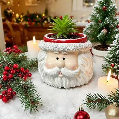 Santa Claus Head Shaped Planter Figurine, Succulent & Green Plant Pot, Indoor Outdoor Fairy Garden Decor, Cute Tabletop Home Ornament, Christmas Season Gift & Holiday Decoration