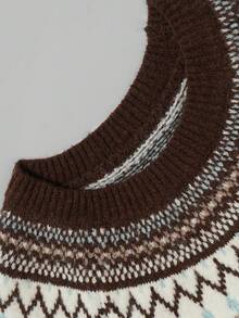 NiceArt Women's Round Neck Fair Isle Pattern Knit Sweater, Long Sleeve Colorblock Cable Knit Casual Pullover - Brown - View 3