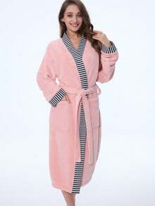 1pc Plus Size Oversized Sexy Minimalist Couple Bathrobe With Pockets, Coral Fleece, Absorbent - Watermelon Pink - View 7