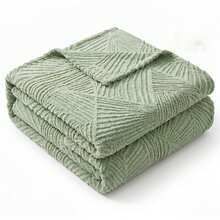 1pc Khaki Bohemian Style Blanket, Taffeta Jacquard Faux Sherpa Long Pile Fleece, Lambswool Blanket, Throw Blanket, Soft, Lightweight, Breathable And Warm, Reversible Bed Blanket And Shawl, Suitable For Living Room, Bedroom, Dormitory Furniture Decoration, All Seasons, Can Be Used As Bed Cover, Small Size Can Be Used As Beach Towel - Green - View 3