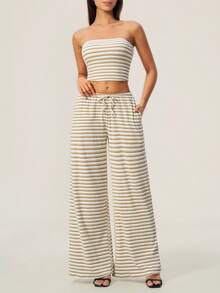 TimeOff Women's One Set Striped Strapless Bandeau Tank Top With Drawstring Waist And Side Pockets Wide Leg Pants 2 Pieces Set - Khaki - View 7