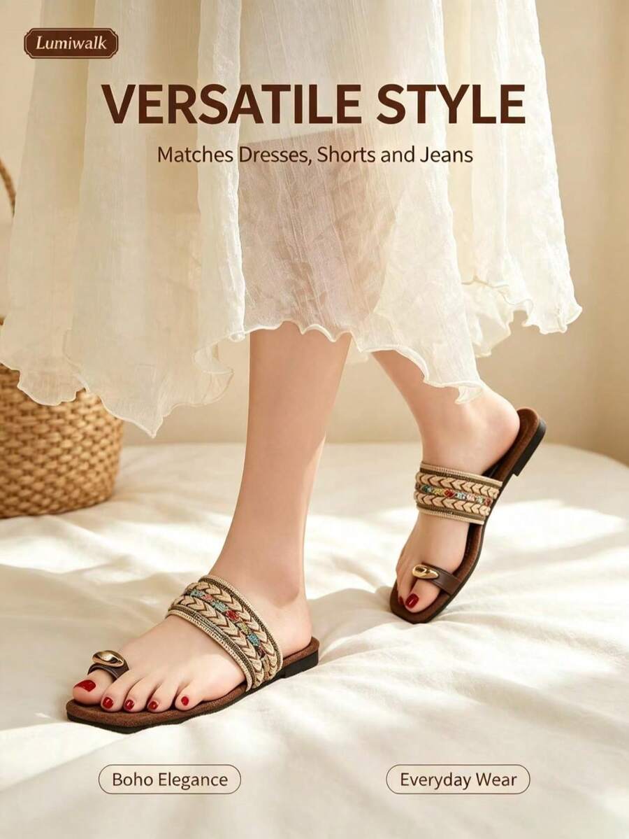 Women's Fashion Square Toe Flat Slide Sandals For Vacation, Outdoor And Indoor - Multicolor - View 1